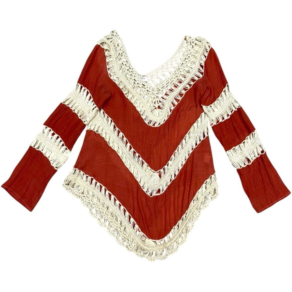 Umgee Rust & Cream Crochet Boho Flowy Tunic Top, Swim Coverup, Size Small - Picture 9 of 9